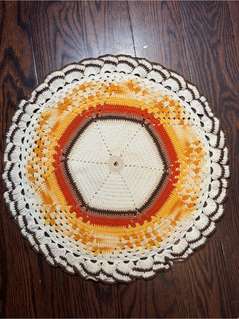 Handmade Cream, Orange & Brown Crochet Round Doily 14” large